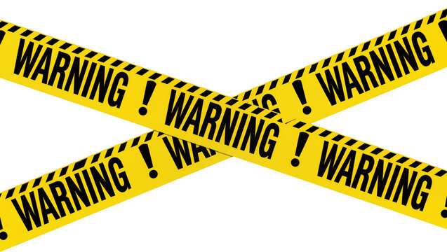 Yellow warning tape with black text and hazard stripes, isolated on transparent background