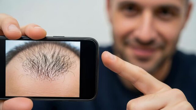 Man showing hair growth process on smartphone from initial baldness to partial regrowth. Hair loss treatment and transplantation concept.