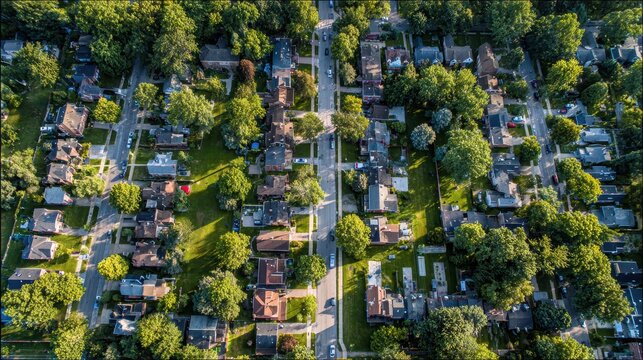 Drone photograph of a peaceful suburban community with colorful homes and winding roads