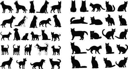 Set of dog and cat silhouettes collection with various poses black animal vector illustration bundle © MdAbdul