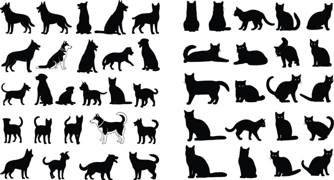 Set of dog and cat silhouettes collection with various poses black animal vector illustration bundle