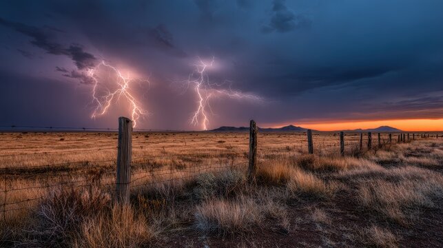 Stormy horizon above open farmland with flashing bolts