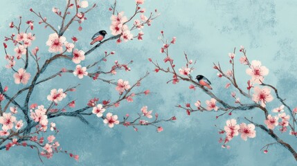 Naklejka premium Ink wash illustration of flowering plum branches and perching birds against a soft blue gradient