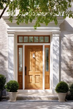 Welcoming front door in maple finish with transom and sidelights on a modernized DC exterior