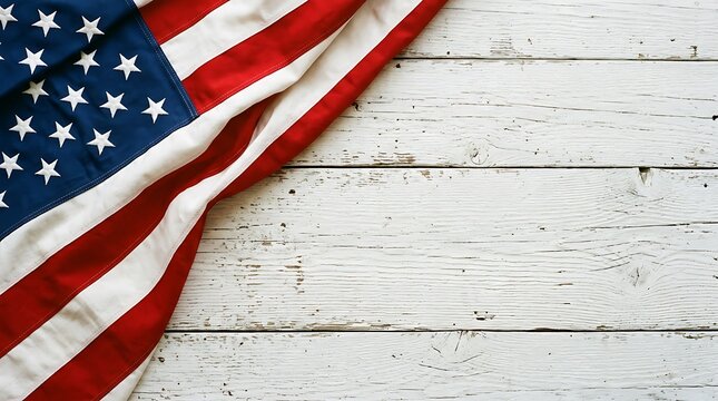 American flag on white rustic wooden background featuring fabric folds with stars and stripes for independence day or memorial day theme