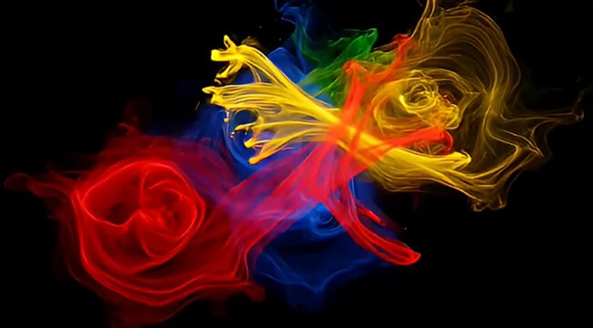 Abstract colorful smoke painting with red, yellow, blue and green swirls