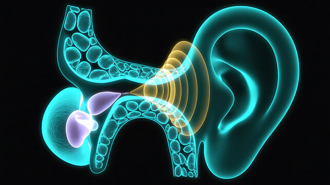 Conceptual Illustration of Hearing Process with Auditory Canal and Sound Vibrations