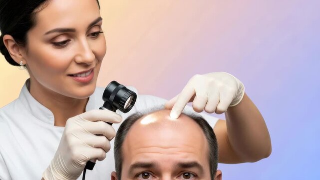 Woman trichologist examining mans scalp with dermatoscope for hair loss diagnosis and treatment for baldness