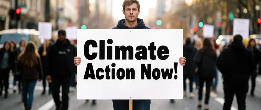 Climate action now sign held by protester during demonstration for environmental awareness. Rally includes many individuals advocating for urgent climate action now.