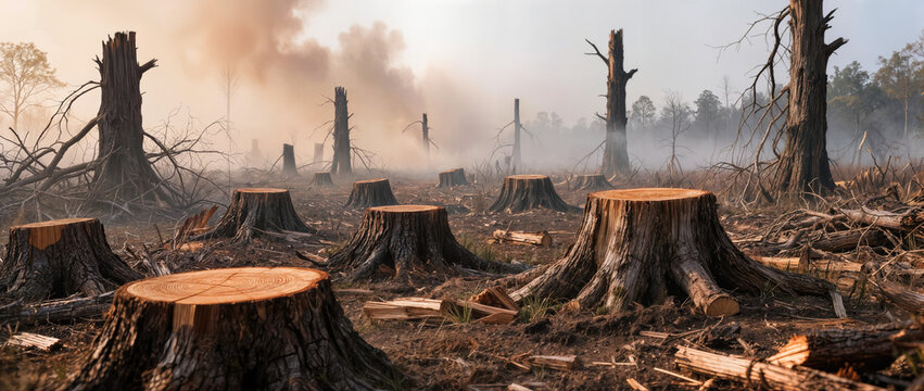 Deforestation scene with tree stumps in smoky environment, showing clear-cut area and remaining stumps after logging process.