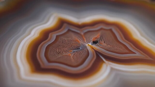 Close up view of a brown and white patterned agate stone