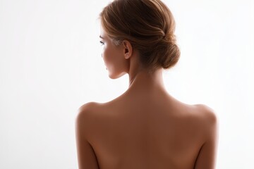 Fototapeta premium Elegant rear portrait with soft lighting on white background, beauty and wellness concept