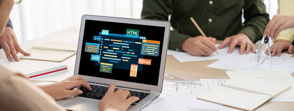 Software development or programming work with coding screen of various programming languages like HTML, , , and C brisk for new application development