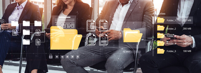 A modern office scene featuring business individuals engaged with smartphones, overlaid with digital file management graphics signifying communication and productivity. Ledger