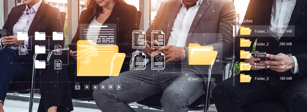 A modern office scene featuring business individuals engaged with smartphones, overlaid with digital file management graphics signifying communication and productivity. Ledger