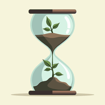 A wooden hourglass holds fertile soil and two small green saplings growing within its glass chambers against a neutral background. The conceptual scene symbolizes life and nature, with copy space.