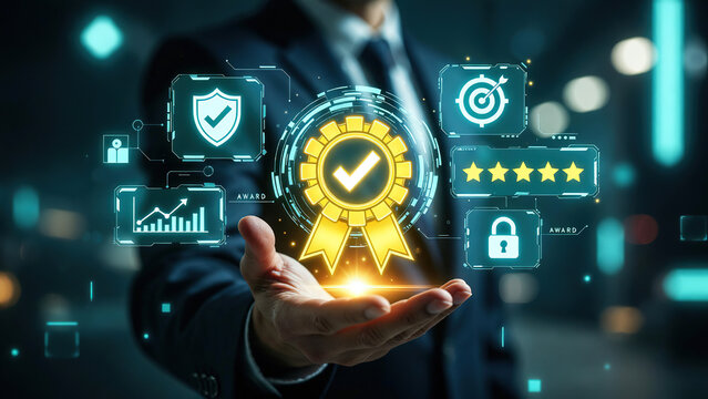 Quality assurance and certification concept, businessman holding glowing gold seal icon, digital compliance and standard control interface