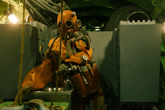 Diving suit, vintage equipment and underwater exploration in dark environment, unique design and historical significance of deep sea technology, adventure and innovation