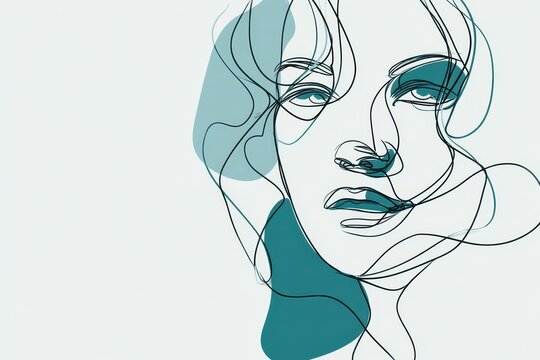 Monochrome face doodle with flowing lines and teal color accents in modern style