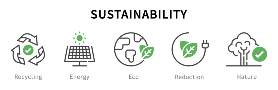 Conjunto de iconos de sostenibilidad. Representa responsabilidad ambiental. Incluye reciclaje, energ&iacute;a, eco, reducci&oacute;n, naturaleza. Ilustraci&oacute;n vectorial