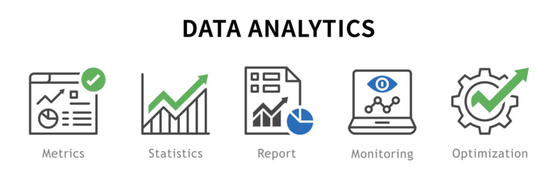 Conjunto de iconos de an&aacute;lisis de datos. Representa toma de decisiones. Incluye m&eacute;tricas, estad&iacute;sticas, reporte, monitoreo, optimizaci&oacute;n. Ilustraci&oacute;n vectorial