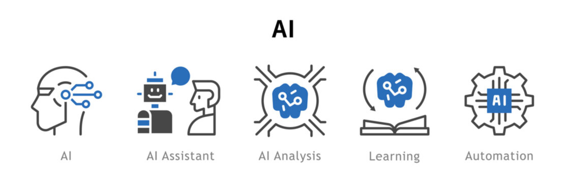 Conjunto de iconos de inteligencia artificial. Representa automatizaci&oacute;n digital. Incluye robot, asistencia, an&aacute;lisis, aprendizaje, optimizaci&oacute;n. Ilustraci&oacute;n vectorial