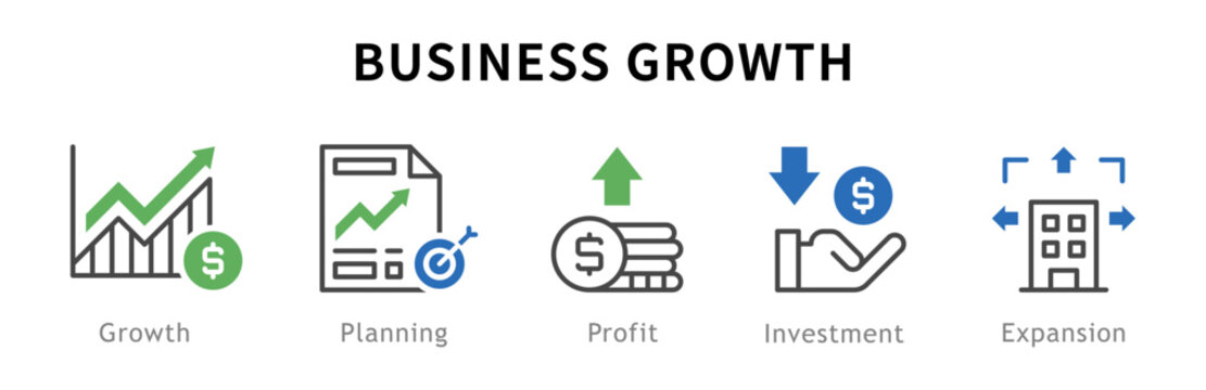 Conjunto de iconos de crecimiento empresarial. Representa &eacute;xito financiero. Incluye crecimiento, planeaci&oacute;n, ganancias, inversi&oacute;n, expansi&oacute;n. Ilustraci&oacute;n vectorial
