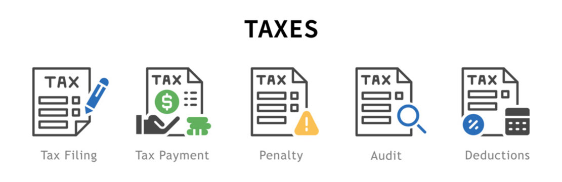 Conjunto de iconos de impuestos. Representa cumplimiento fiscal. Incluye declaraci&oacute;n, pago, fecha l&iacute;mite, multa, deducciones. Ilustraci&oacute;n vectorial