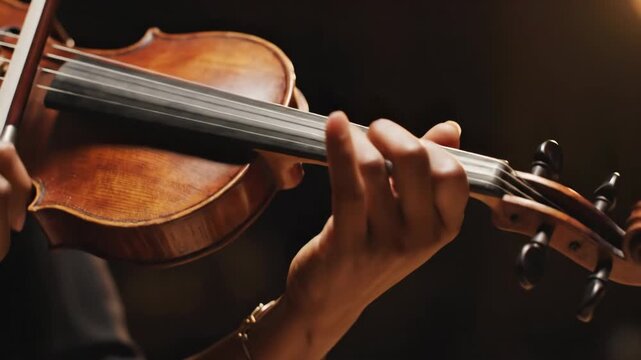 Close up of a person playing the violin with focus on the hands and instrument.