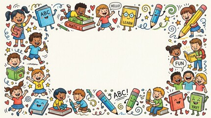 Fototapeta premium Doodle border with happy kids, cheerful books, and colorful pencils