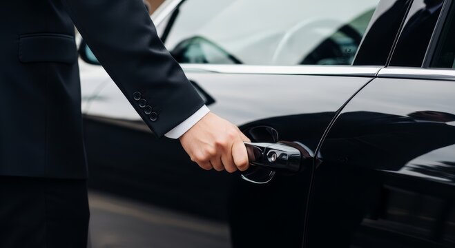 Chauffeur opening black car door for passenger. Businessman in suit arriving at meeting. Professional driver providing luxury transport service. Transportation and business travel concept.