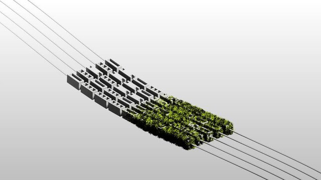 Slow rotating 3d maze block with foliage growth animation