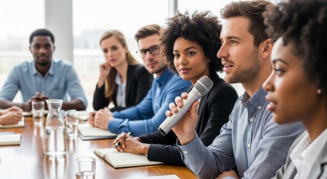 Man speaking into microphone during corporate board meeting. Diverse professional team collaborating in business conference. Communication, leadership and teamwork in modern office space.