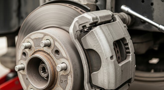 Mechanic fixing car brake disc and caliper with wrench. Vehicle maintenance and repair service. Automotive engineering garage work. Technical support for transportation safety and inspection.