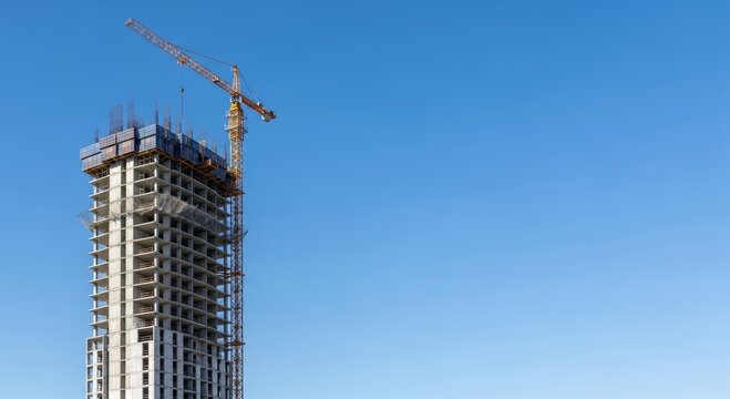 Skyscraper building structure under construction with a tall crane. Real estate development project with empty blue sky background. Urban architecture and civil engineering industry concept.