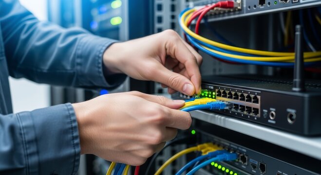 Technician connecting network cable to switch in data center. IT specialist installing ethernet wire in server rack. Maintenance of cloud computing hardware and digital network infrastructure.