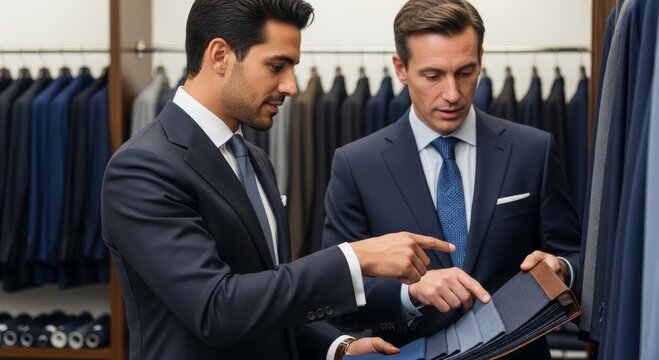 Two men in suits selecting fabric samples in a clothing store. Professional tailor assisting a client with custom suit materials. Fashion design, retail service and luxury style.