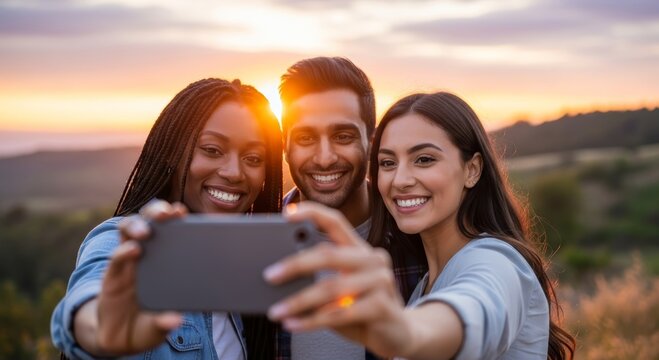 Two women and one man taking a selfie with a smartphone at sunset. Diverse group of friends smiling outdoor. Vacation, travel, friendship, and happy lifestyle technology concept.