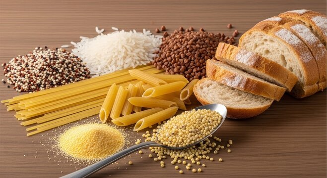Variety of grains and cereals with bread and pasta on wooden table. Healthy carbohydrate food selection for balanced nutrition and cooking. Raw ingredient for culinary preparation.