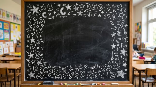Chalk doodle border with hand drawn stars, letters, and math symbols on classroom blackboard