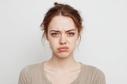 Studio portrait of a displeased young woman making a disgusted face against a plain white backdrop