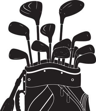 Detailed black silhouette of a golf bag full of clubs on a transparent background representing golf equipment and sport.