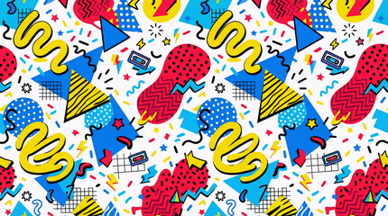 Naklejka premium Seamless Memphis Style Pattern with Abstract Geometric Shapes Bright Colors Retro 80s Background for Fabric Wallpaper Packaging and Graphic Design
