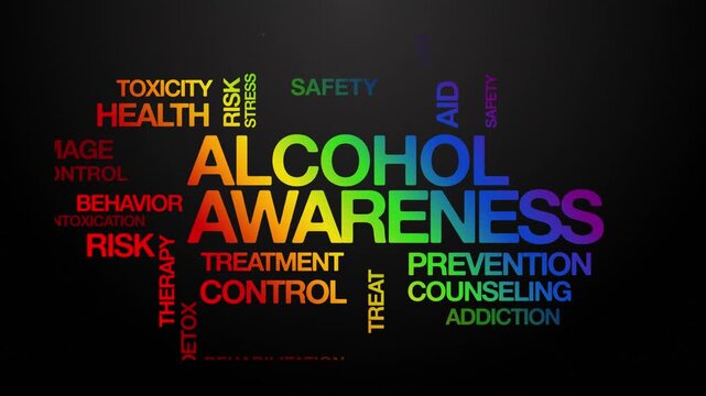 Alcohol awareness concept Animated Tag Word Cloud kinetic typography, Text Design Animation typography seamless loop video motion graphics Intro Wordart rainbow type on black background backdrop bg cl