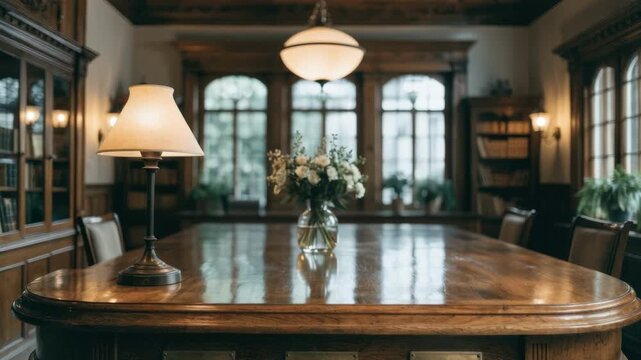 Traditional wood library counter remodel with polished surfaces and engraved plaques main desk area in sharp focus warm tones blending into outoffocus surroundings.