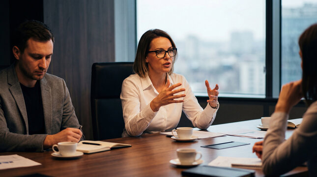 Professional business woman leading corporate meeting, female executive speaking in boardroom, diverse team collaborating in modern office