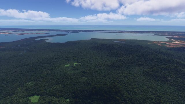 Circular aerial drone shot of the Caribbean Sea in SwifftSites and Sibun Forest Reserve. Belize
