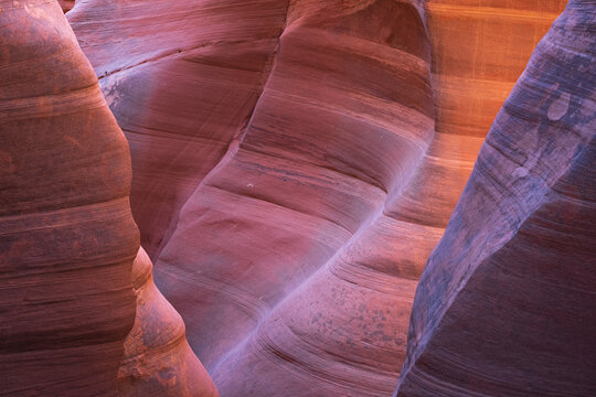 View of smooth, layered sandstone walls curve and glow with warm light in a narrow slot canyon, creating a surreal and inviting space, Escalante, Utah, United States.