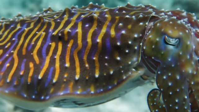 Close-up of a vibrant cuttlefish displaying unique skin pattern