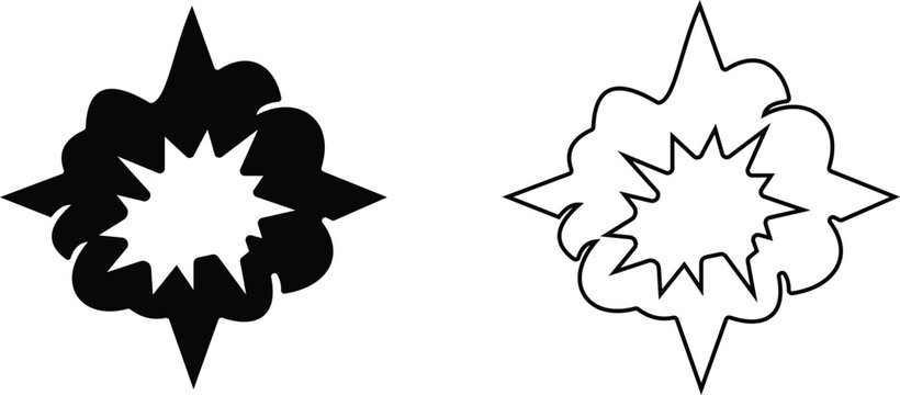 Bomb explosion nuclear blast icon set collection group in black flat and line style vector illustration, explosive dynamite grenade detonation symbol pack minimal outline design bundle